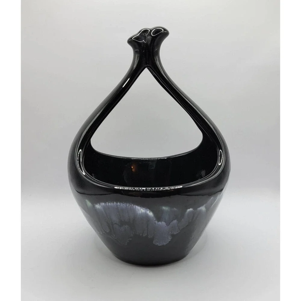 Vintage Black w/Blue Green Drip Glaze Ceramic Pottery Basket